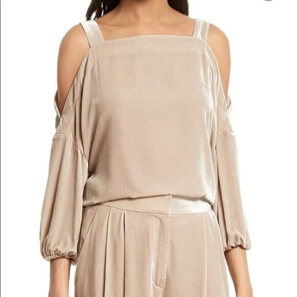Tibi Velour beige cold shoulder long sleeve blouse top size medium - Picture 1 of 6
